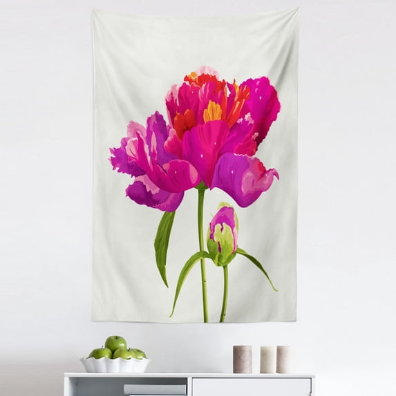 Peony Tapestry, Warm Colored Flower Design with Vibrant Petals and Fresh Green Stem and Leaves Spring, Fabric Wall Hanging Decor for Bedroom Living Room Dorm, 5 Sizes, Multicolor, by Ambesonne