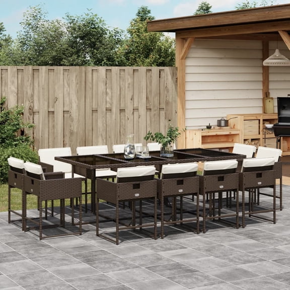 vidaXL 13 Piece Patio Dining Set with Cushions Brown Poly Rattan