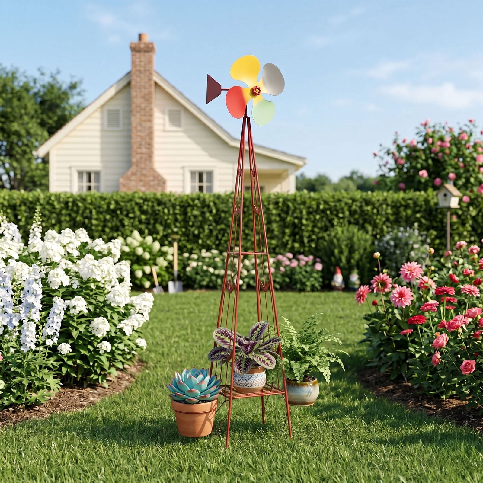 6.2FT Red Metal Garden Windmill Decor with 4 Rotatable Blades, 4-Leg Stand & Storage Shelf, Weather Resistant Iron Yard Ornament for Patio Lawn