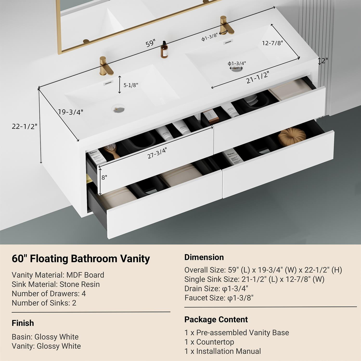 Demi Bonn 59" Wall-Mounted Bathroom Vanity with Sink, Stone Resin Countertop and 4 Soft Close Drawers, Faucets and Drains Not Included, White