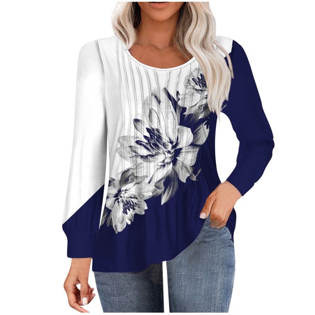 HKEJIAOI Tunique à Manches Longues Bouffantes pour Femmes Blouses Florales Plissées Décontractées Col Rond T-Shirts Mode Automne 2024 2TG