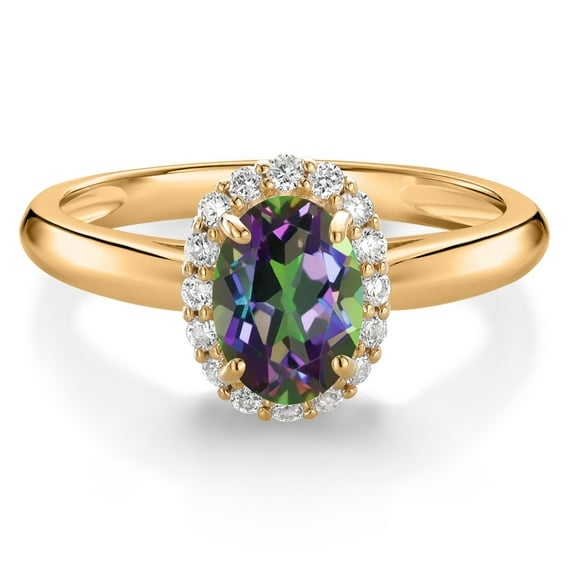 Gem Stone King 10K Yellow Gold Green Mystic Topaz and White Lab Grown Diamond Halo Engagement Ring for Women (1.13 Cttw, Gemstone, Oval 7X5MM, Size 9)