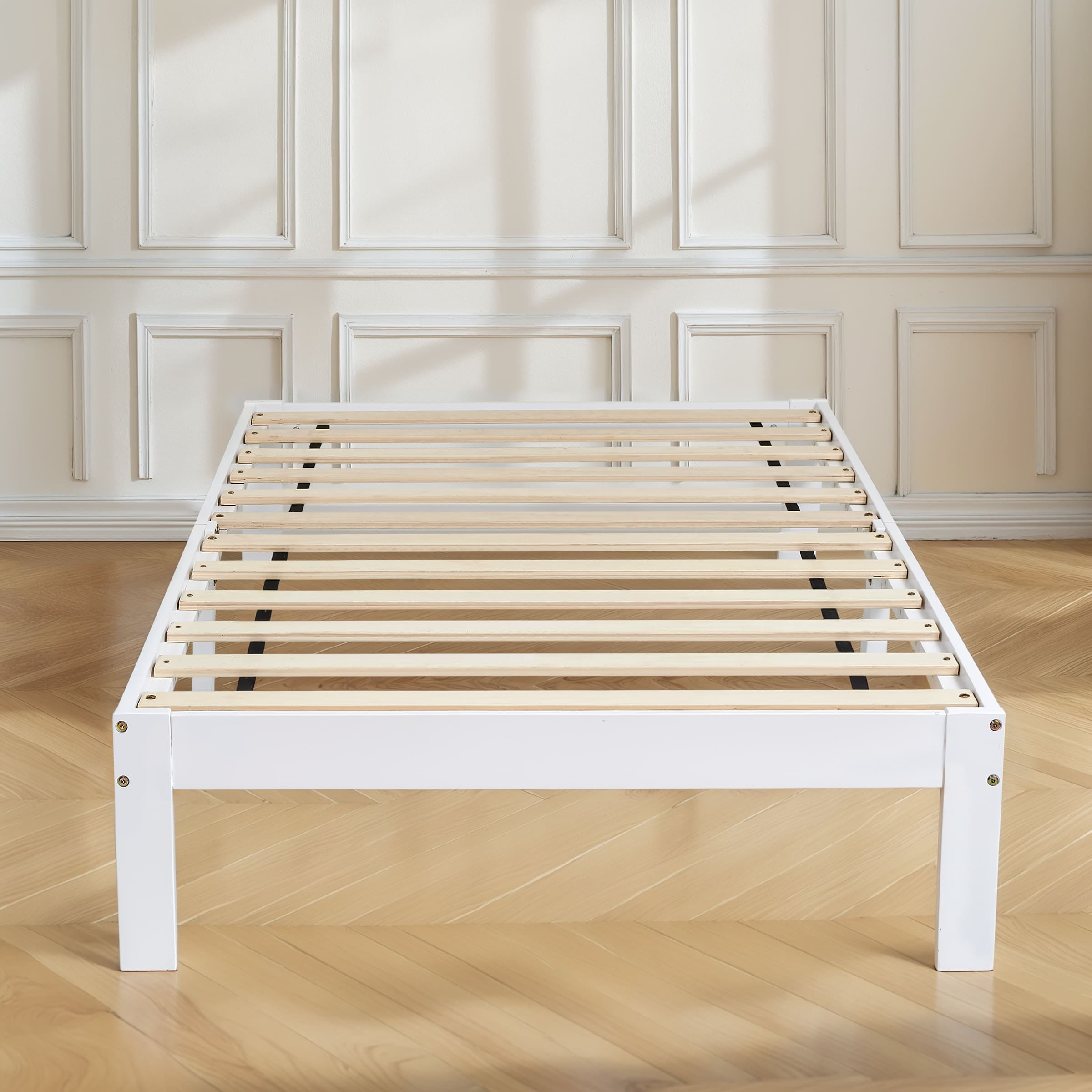Subrtex 12" Solid Wood Platform Bed Frame with Wooden Slats, White, Twin