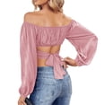 thumbnail image 3 of Solid Color Long Sleeved Women Off Shoulder Crop Tops Sexy Blouse, 3 of 5