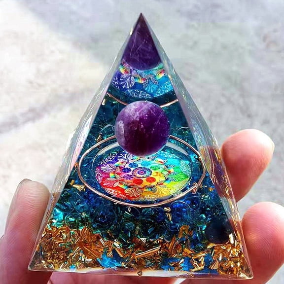 Orgonite Pyramid Resin Display Decorations with Natural Amethyst Chips Inside for Home Office Desk Colorful 60x60mm