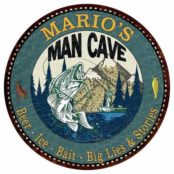 MARIO'S Man Cave Fishing 14" Round Metal Sign Garage Bar Wall Decor 100140004204