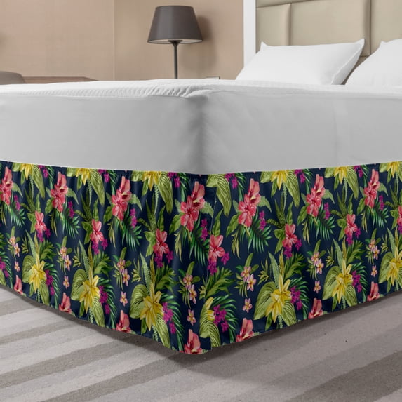Luau Bed Skirt, Blooming Jungle Setting with Watercolor Effect Hawaiian Flowers, Elastic Bedskirt Dust Ruffle Wrap Around for Bedding Decor, 4 Sizes, Multicolor, by Ambesonne