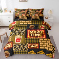 Manfei Movie Time 7pcs Bedding Comforter Set,Vintage Cinema Ticket Queen Bedding Sets,Yellow Patchwork Plaid Queen Sheet Sets For Teens,Super Cozy Room Decor Reversible