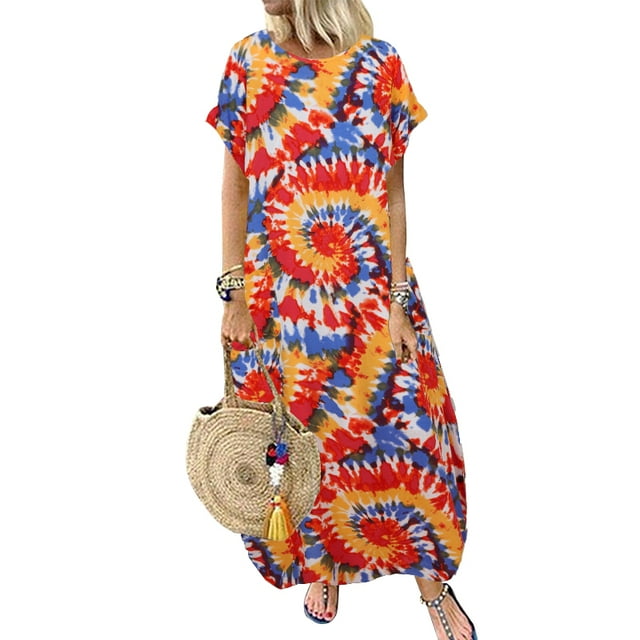 ZANZEA Robe à Manches Courtes pour Femmes, Imprimé à Pois/fleuri, Longue Robe