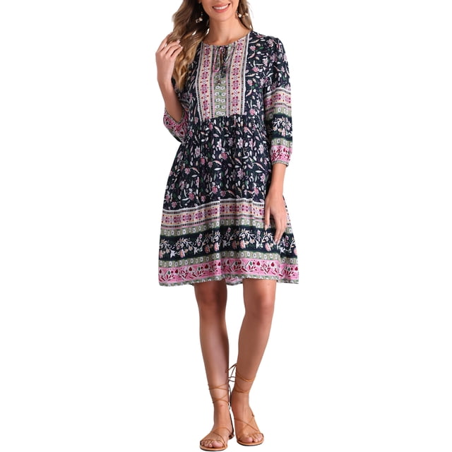 INSPIRE CHIC Vestido Mini Babydoll de Manga 3/4 con Lazo Floral Bohemio para Mujeres en Azul Oscuro