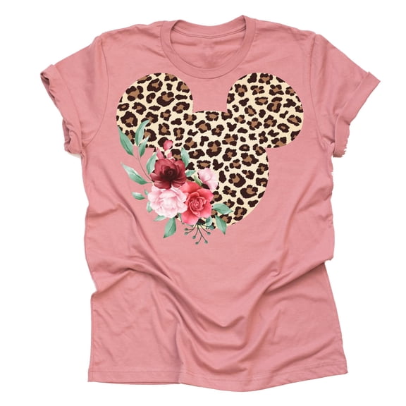 Women Teen Leopard Print Mickey Ears with Flowers Shirt Floral Adult Women Ladies Boho Character Tshirt (Mauve, 3X Large)