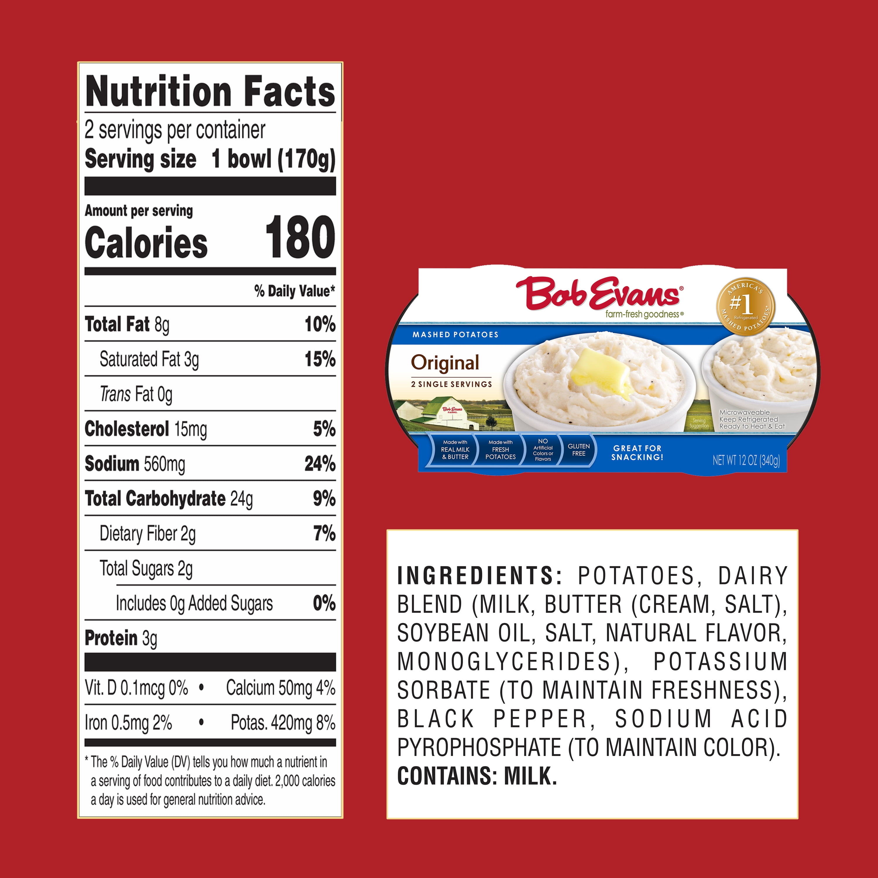 Bob Evans Gluten-Free Single Serve Original Mashed Potatoes, 12 oz, 2 Ct Cups
