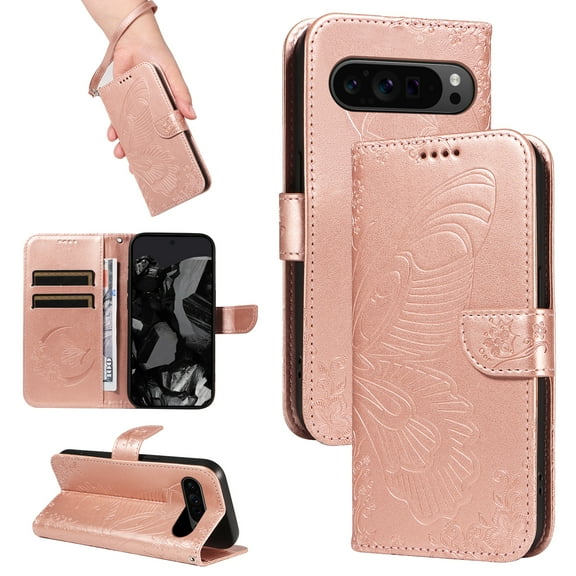Allytechgroup Butterfly Wallet Case Compaible with Google Pixel 10 Pro XL, Built-in Card Holder Flip Cover Anti-Scratch Magnetic Closure Hand Wrist Phone Case for Girls Women, Rosegold
