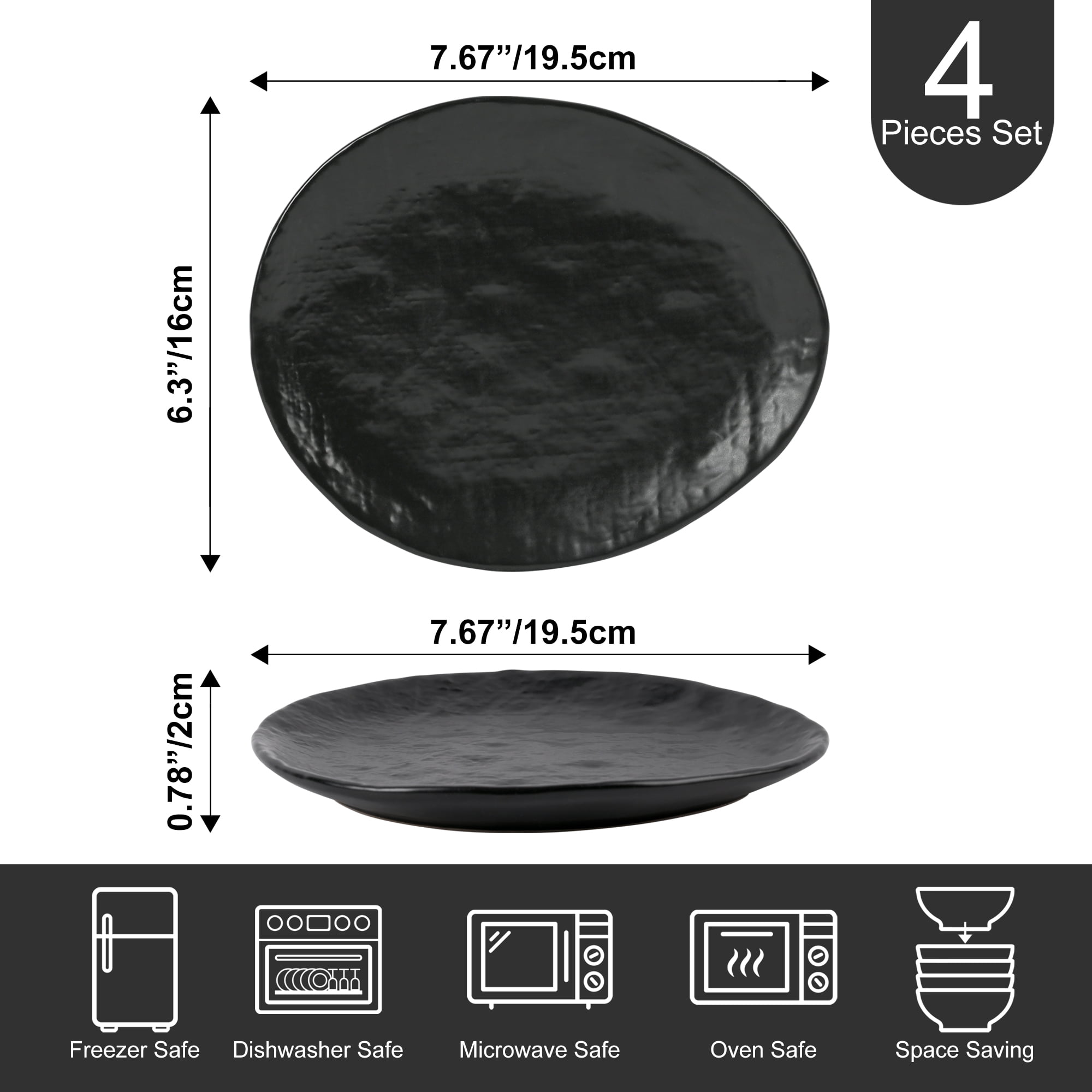 Linen Artisan Dinner Plate Set, 4 Pieces Dinnerware Dishes Set, Porcelain Salad Plates, Irregular 11 Inches Ceramic Plates Suitable for Steak, Pasta, Pizza, Home, Party, Black, Small