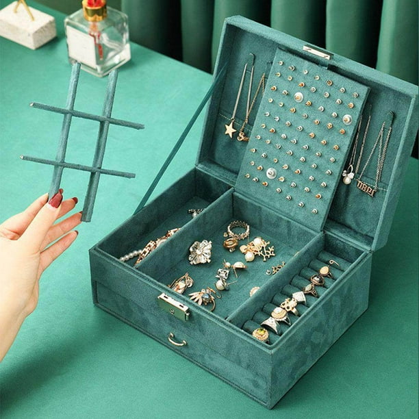 pitrice Double Layer Jewelry Box Box Large Capacity Lock Flannel Double  Layer Velvet Removable Tray Hanger Green Lockable for Watches Necklace for  Women 