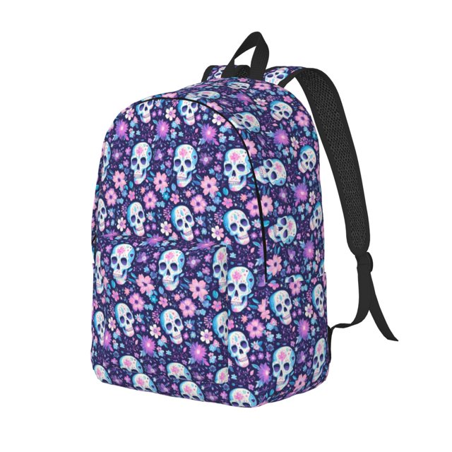 Disketp Skull Purple Flower print Canvas Backpack Lightweight Travel Daypack Student Rucksack Laptop Backpack-Medium