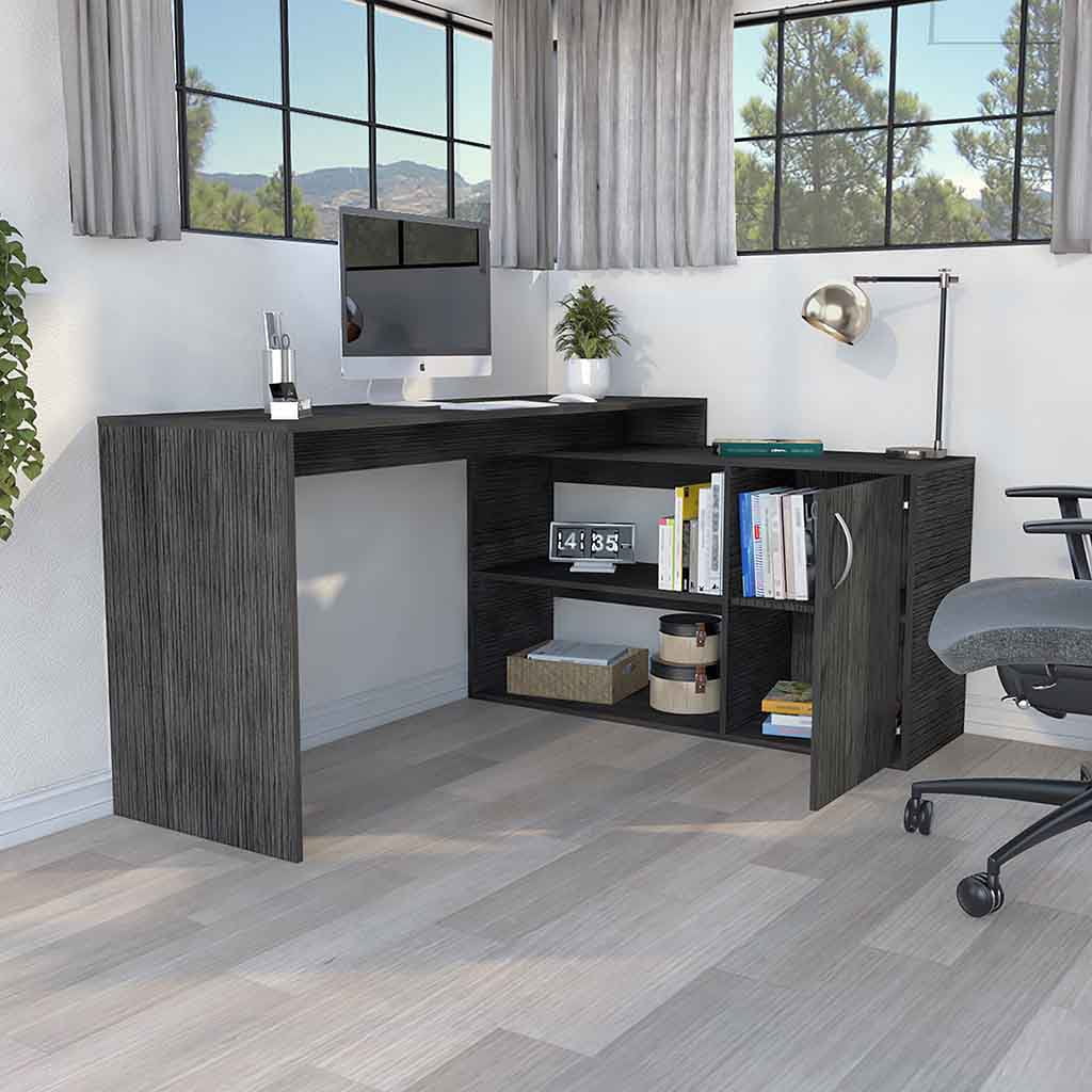 59 Inch Smokey Oak L Shaped Computer Desk with Open Shelves and Cabinet