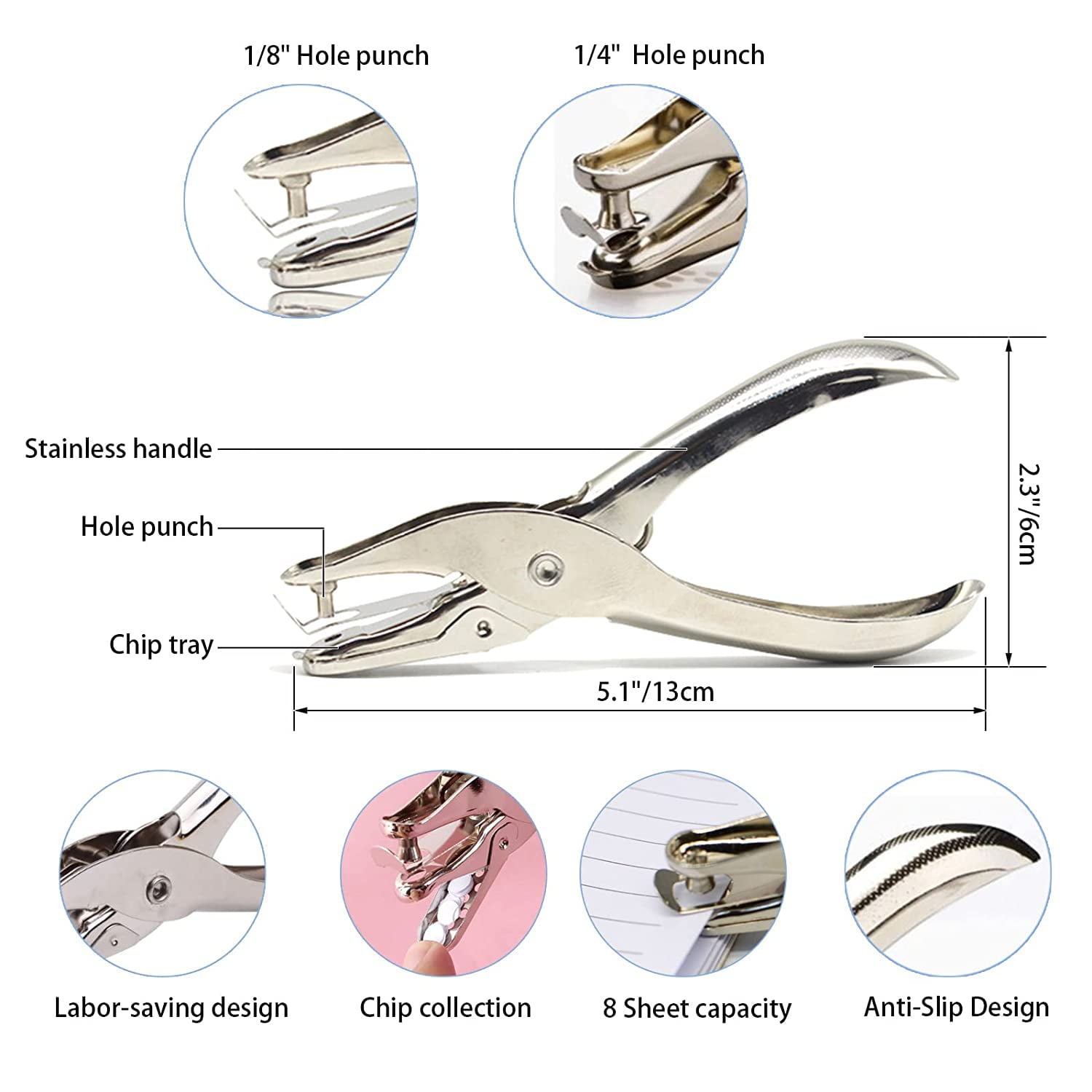  Small Single Hole Punch 1/4 Inch(6mm), Handheld Circle Shaped  Hole Puncher with 8 Sheet Capacity for DIY Craft Paper, Tag & Ticket,  Perfect for Home Office School Supplies : Arts