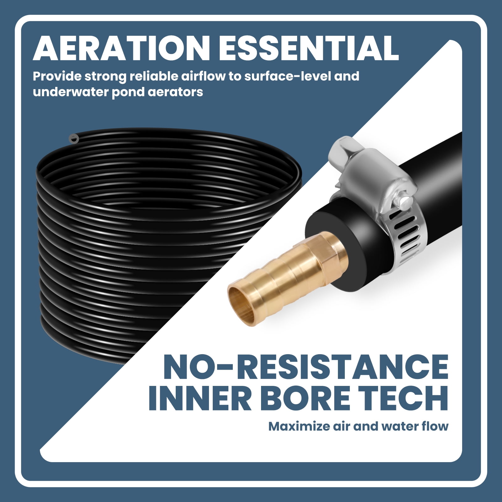 3/8 inch Self Sinking Aeration Hose, 100 Feet Weighted Pond Aerator Tubing with 4 Stainless Steel Hose Clamps and 4 Menders used for Pond, Lake, Water Garden (100FT)