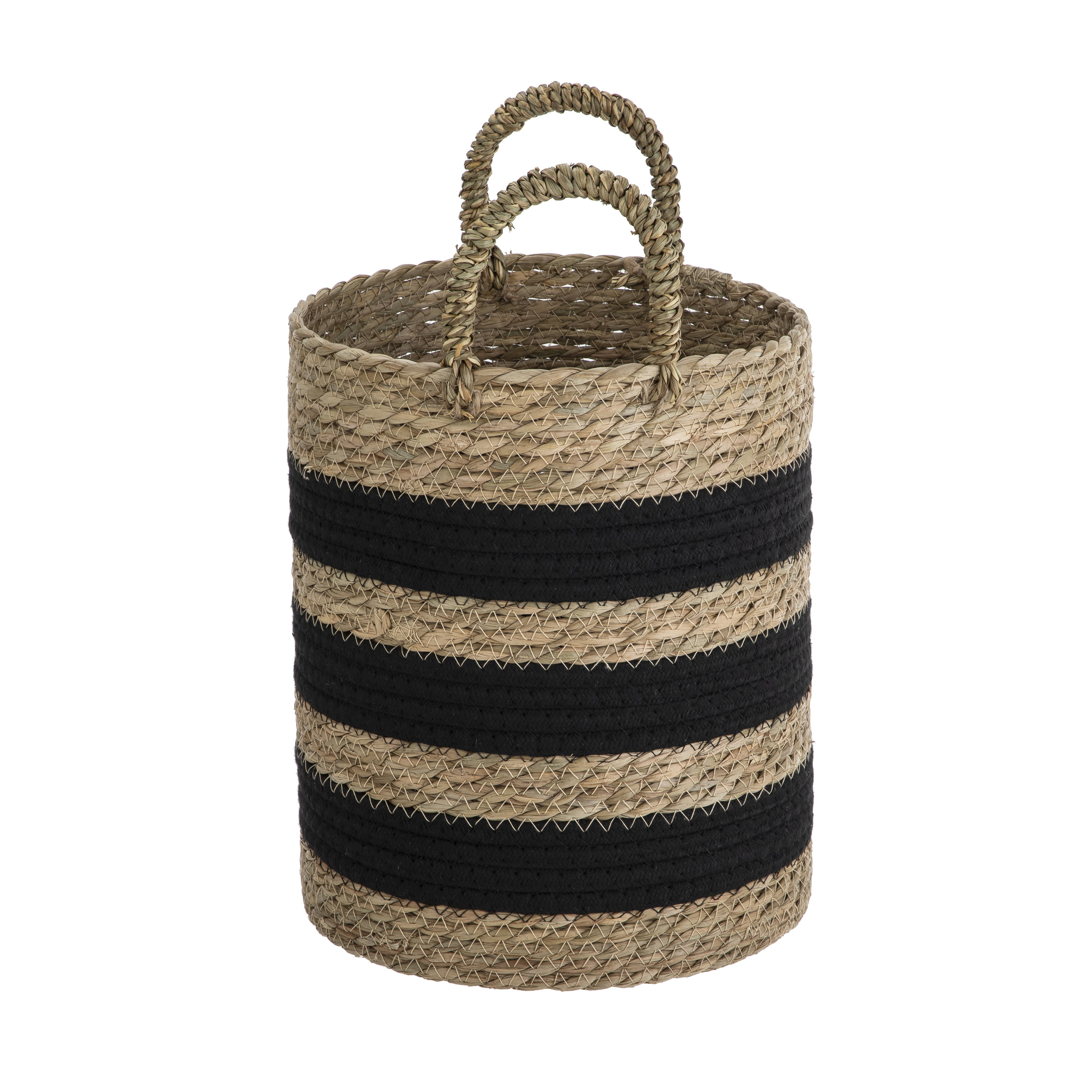 Mainstays Natural and Black Rush Decorative Storage Basket with Handles, 11.4", Round