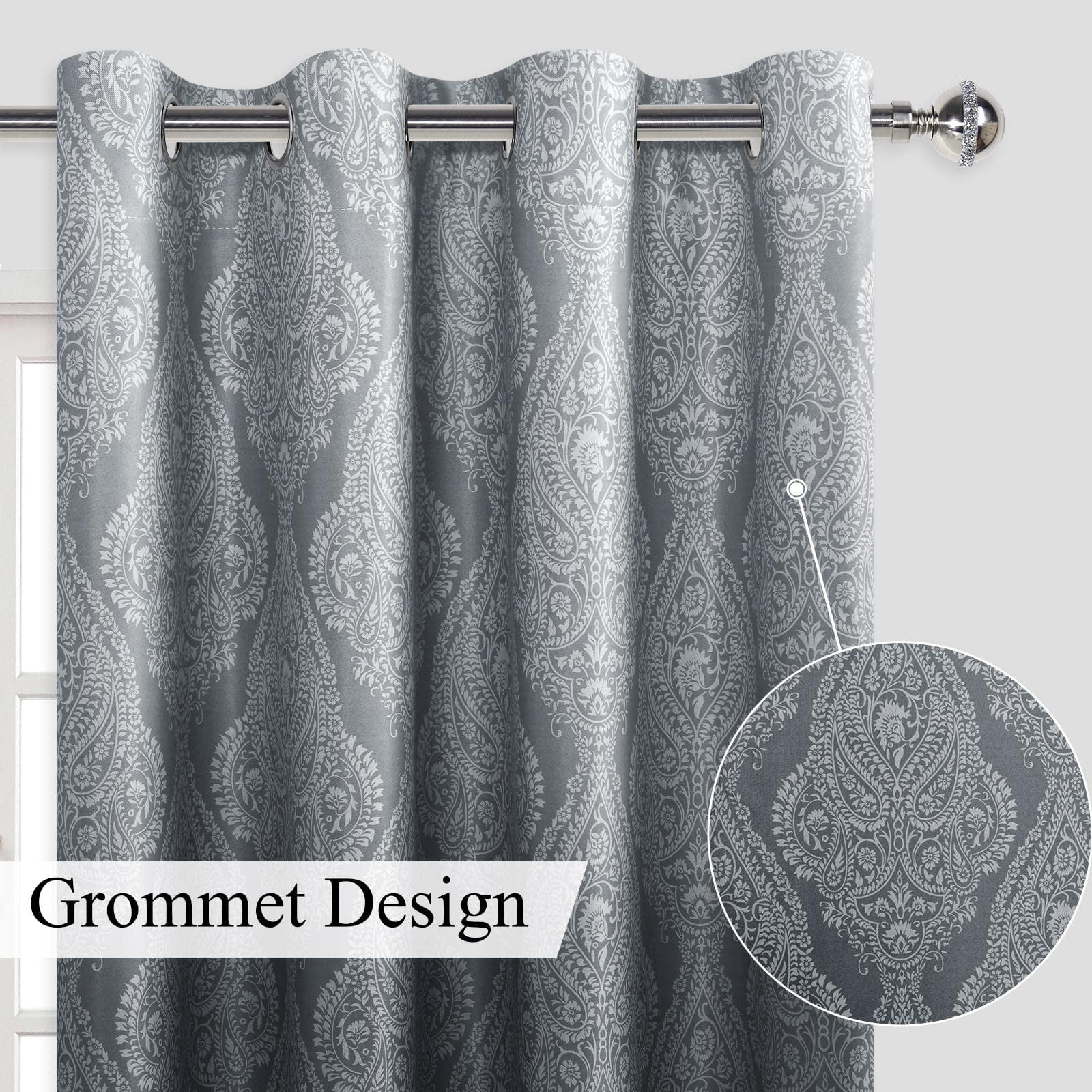 DWCN Ombre Blackout Curtains–Damask Patterned Thermal Insulated Noise Reducing Grommet Curtains for Bedroom Living Room, 52 x 63 Inches, Set of 2 Panels with Tiebacks, Black