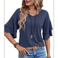 thumbnail image 1 of Camiseta de Corta con Volantes para Mujer, Cuello en V, Acampanada de Doble Capa Azul Marino S, 1 of 9