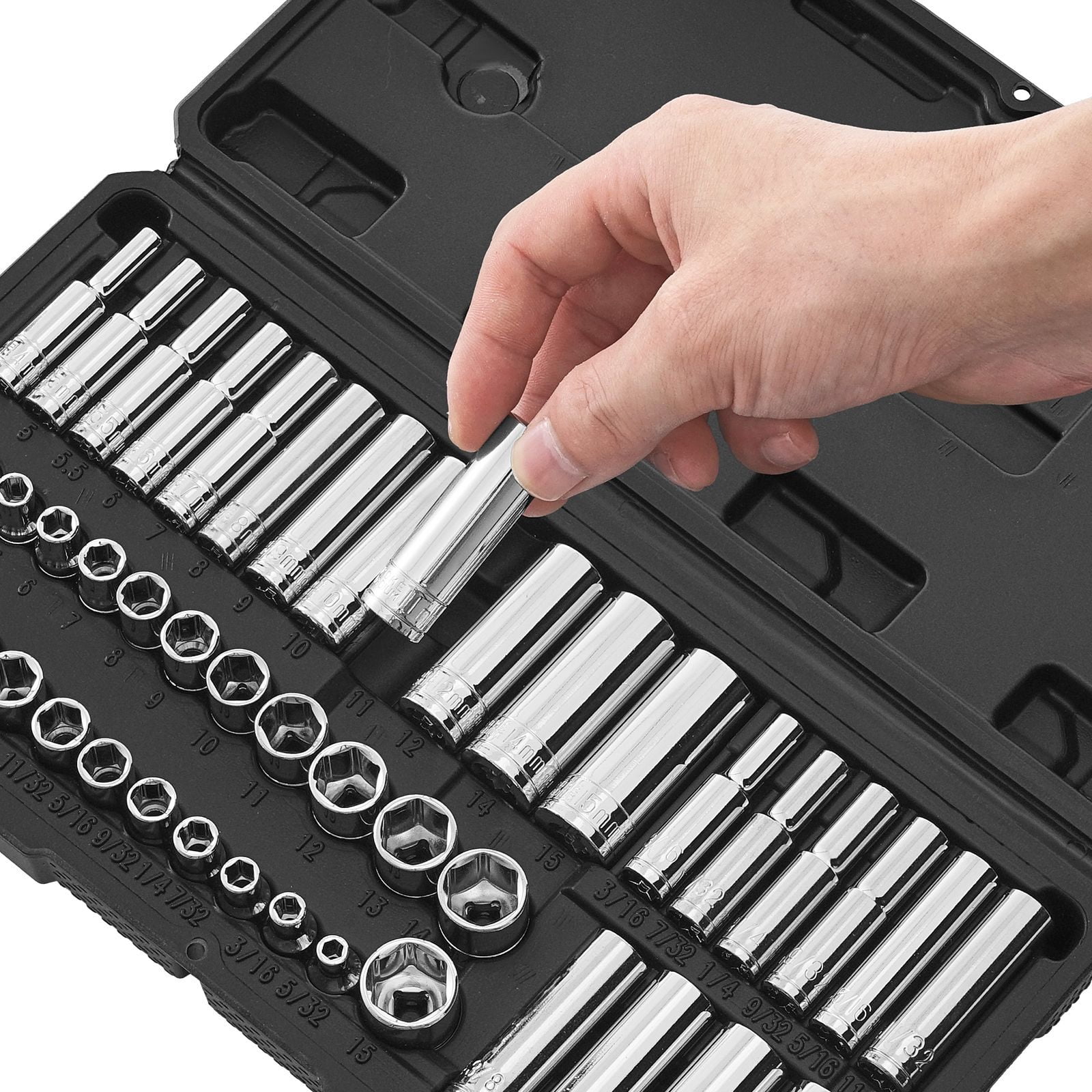Socket Set 1/4 Inch Drive 6-Point CR-V Alloy Steel 601 IN-LB High Torque with Storage Case Metric for Automotive Bike Plumbing DIY