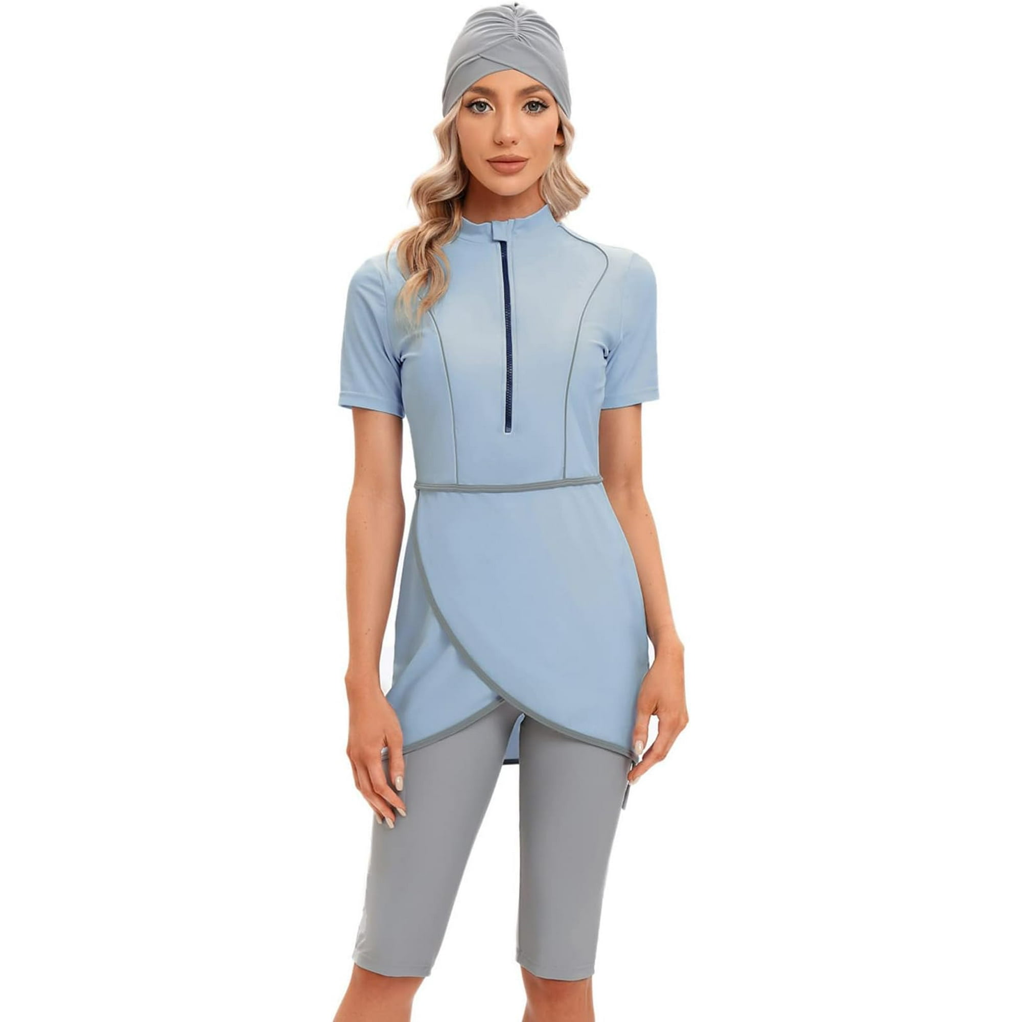 Women Modest Muslim Swimwear Arabic Islamic Burkini Swimsuit Short Sleeve Zipper Front Swim Top with Short Pants Hijab 3pcs Tankini