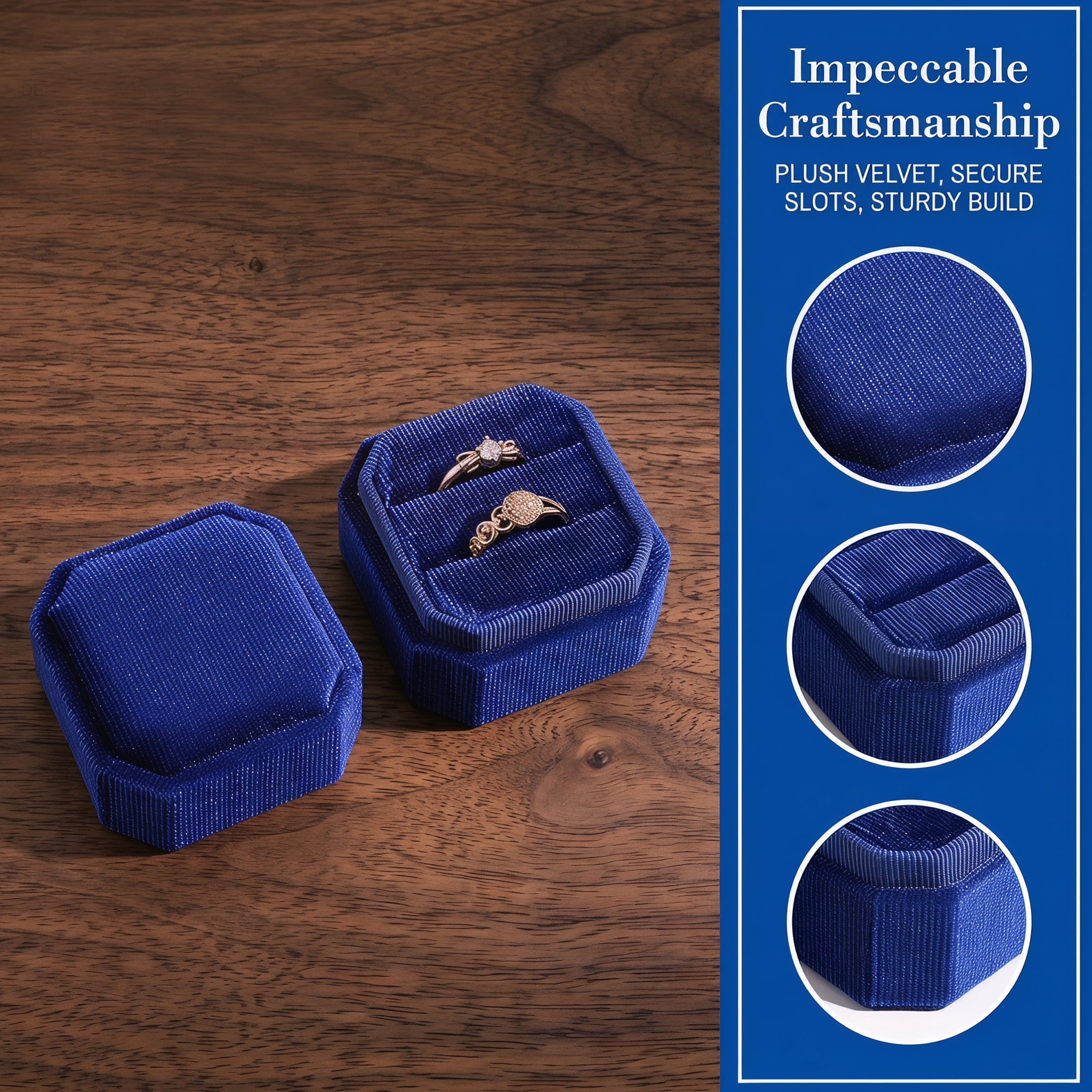 Velvet Ring Box for Proposal Engagement Wedding Ceremony Storage 2 Slots Blue