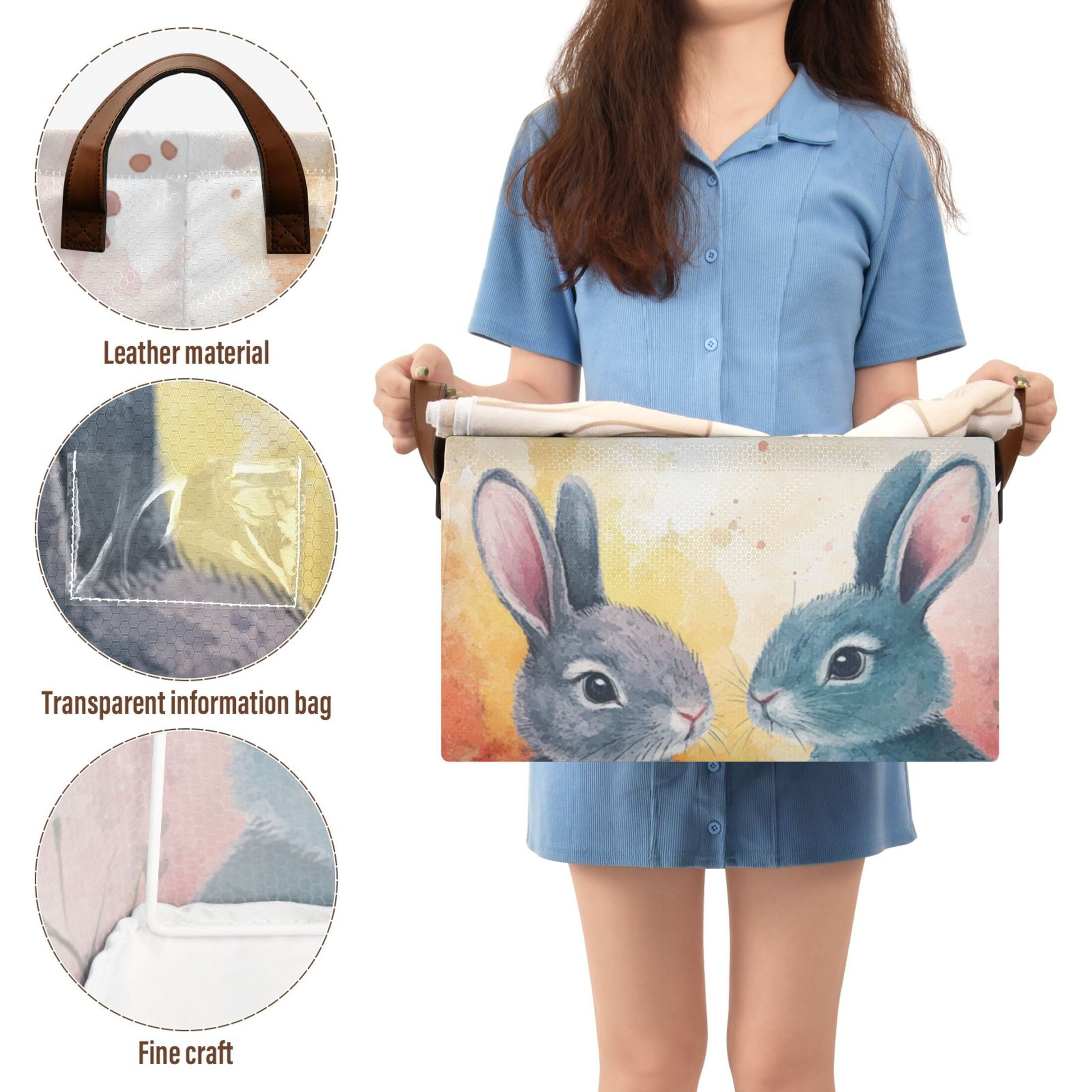 Easter Eggs Bunnies Leaves Foldable Storage Large Fabric Storage Baskets Organizer Storage Bins with Handles for Shelves