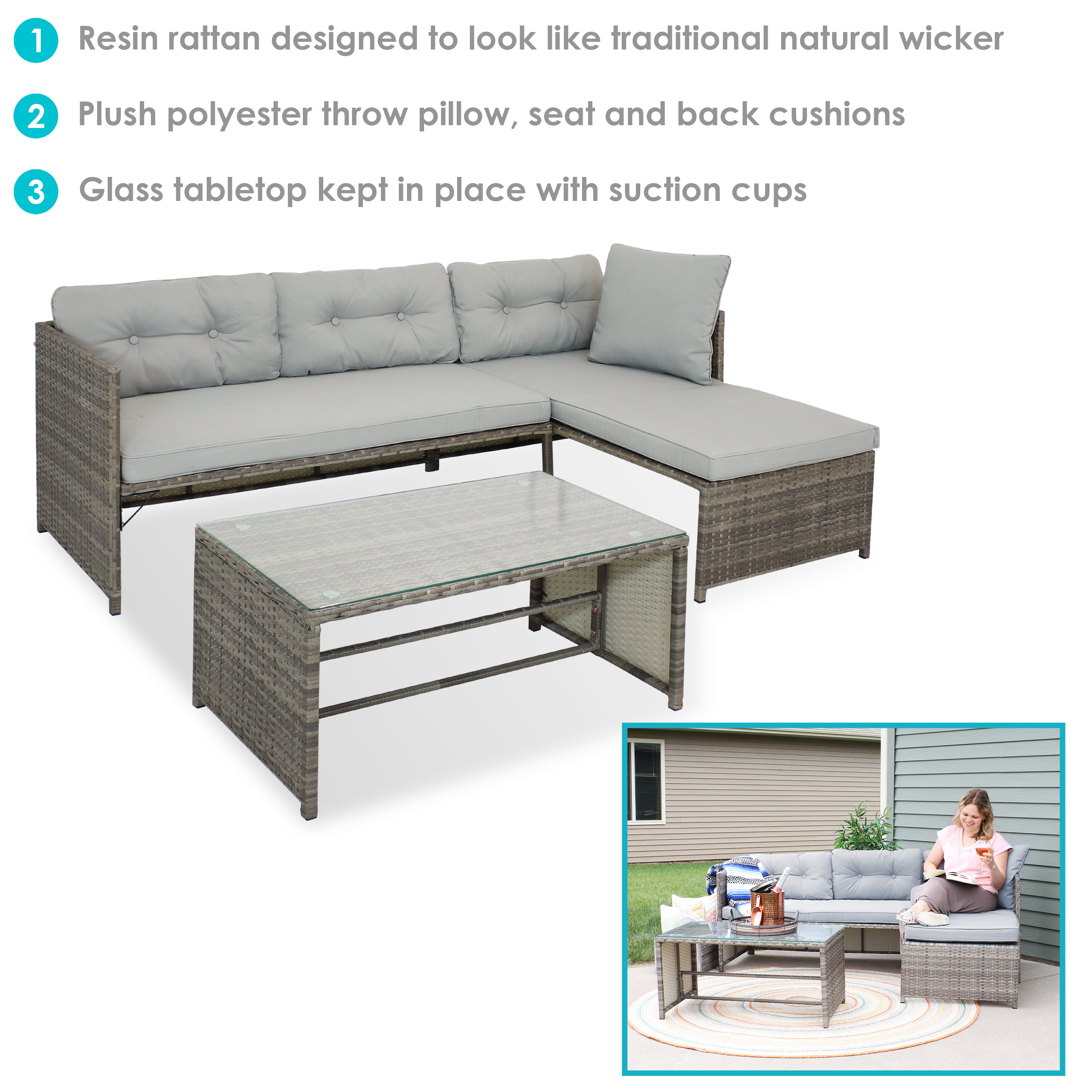 Sunnydaze Outdoor Longford Patio Sectional Sofa Conversation Set with Cushions and Table - Stone Gray - 3pc - image 4 of 11