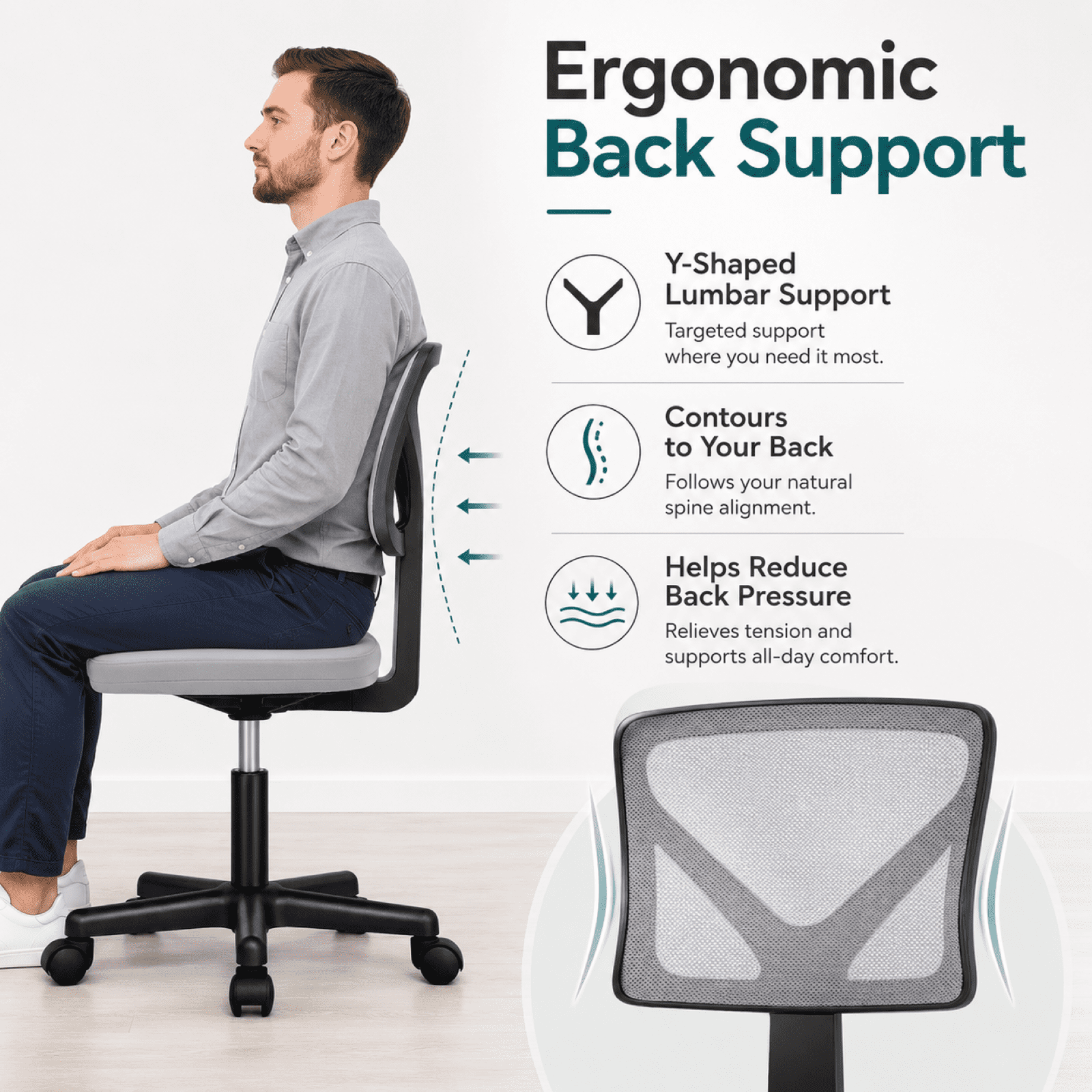 Kelno Small Desk Chair with Wheels Adjustable Computer Desk Chair with Lumbar Support Mesh Ergonomic Low-Back Office Chair, Gray