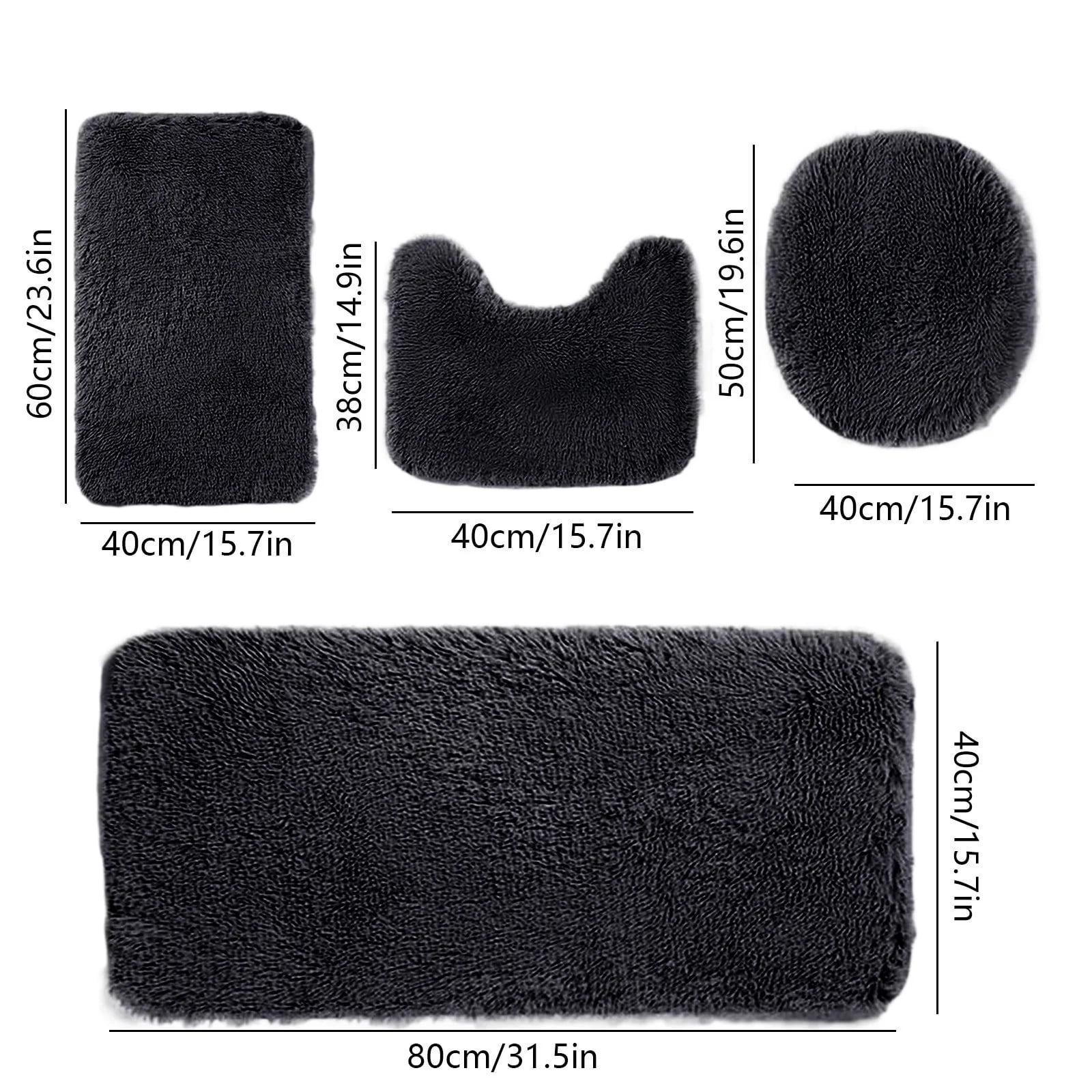 3-Piece Bath Rugs + 1-Piece Toilet Lid Mat Set, Soft Plush Non-Slip Bathroom Mats, Absorbent Shaggy Floor Carpets, Black, Ideal for Bathroom, Shower, Toilet Area for Family and Adults