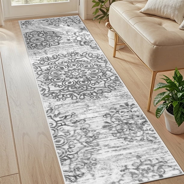MeyJey Alfombra Vintage Boho de 2'x8' para Pasillos, Alfombra Antideslizante Lavable a Máquina para Interiores, Alfombra Oriental Desgastada para Recámara/comedor/sala/cuarto de Lavado, Gris Claro