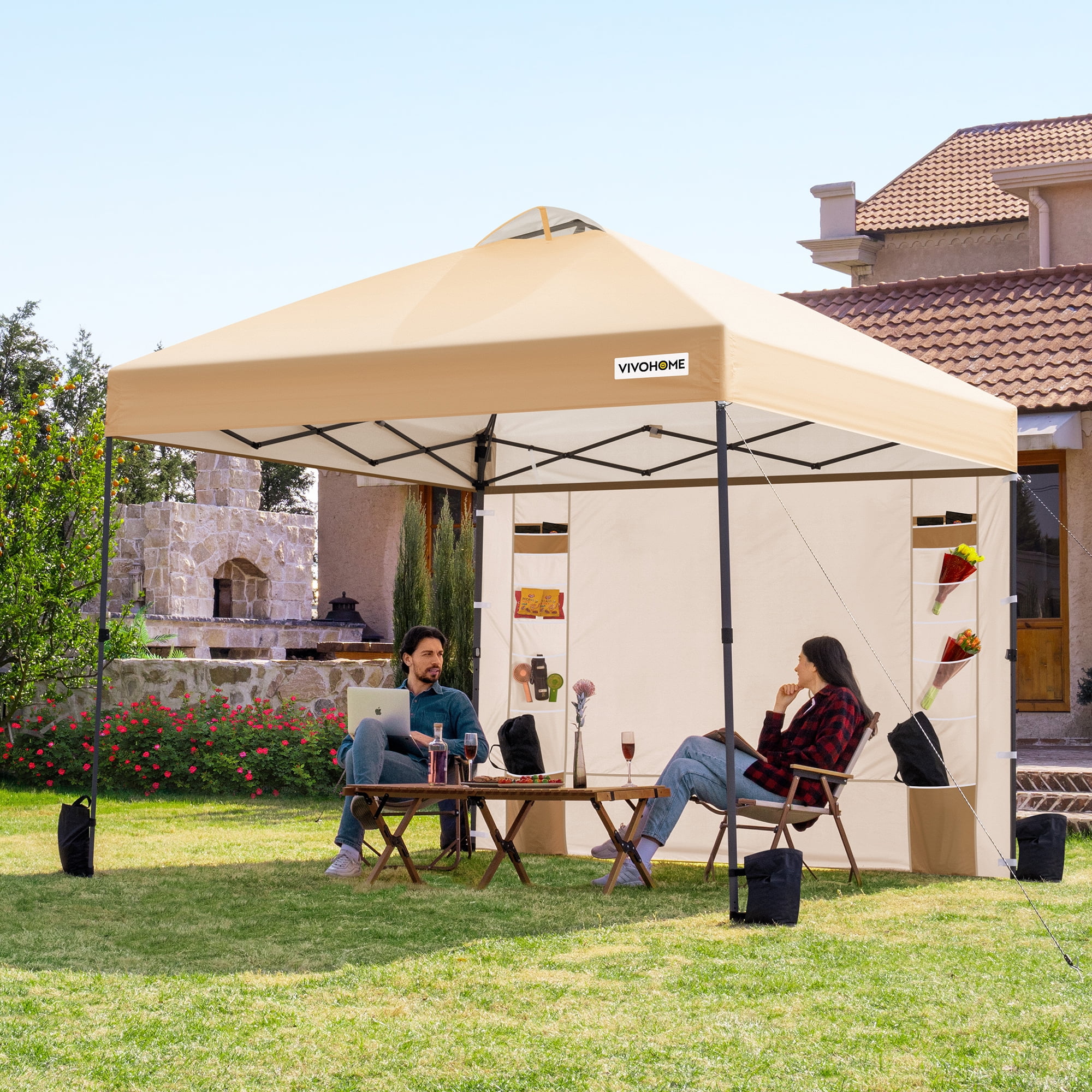SPECSTAR 10'x10' Pop-up Canopy, One Push Set-up Tent with 1 Sidewall for outside, Beige