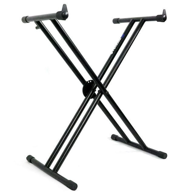 Rockville RKS30X Double X Braced Keyboard Stand with a 132 lbs capacity, featuring a push-button lock mechanism and circular tube design. The stand is black, portable, sturdy, and foldable, ideal for musicians and DJs. It is shown in a front-facing view on a white background.