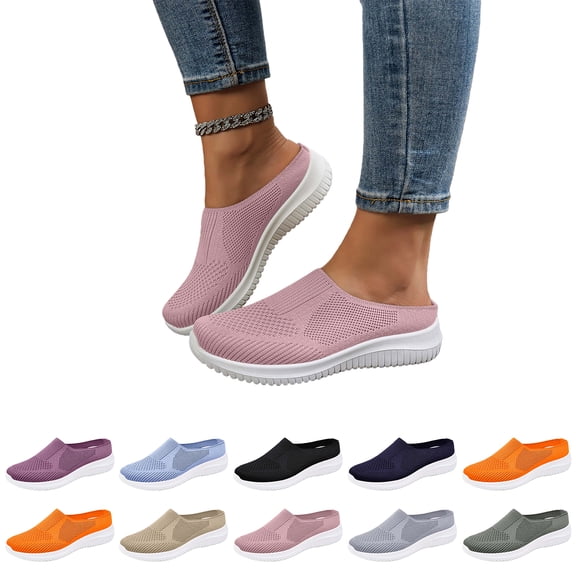 2026 Womens Breathable Knit Slip On Walking Shoes Comfortable Summer Slip On Loafers Wide Width Orthopedic Casual Backless Sneakers Dressy Flat Clogs Tennis Mules With Arch Support