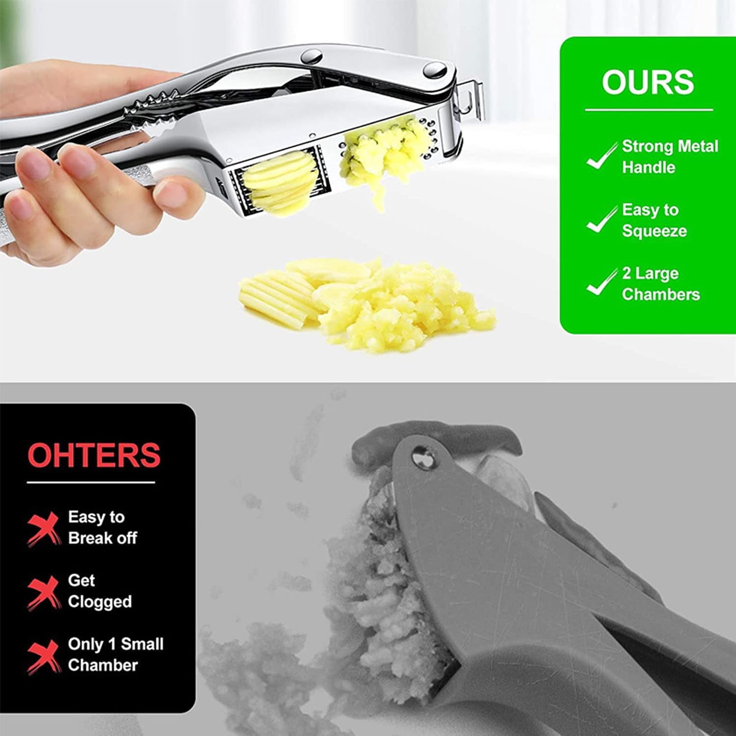 Garlic Press, 2-In-1 Garlic Mince And Garlic Slice Multifunctional Aluminum Alloy Garlic Masher Household Kitchen Tool, Dishwasher Safe.