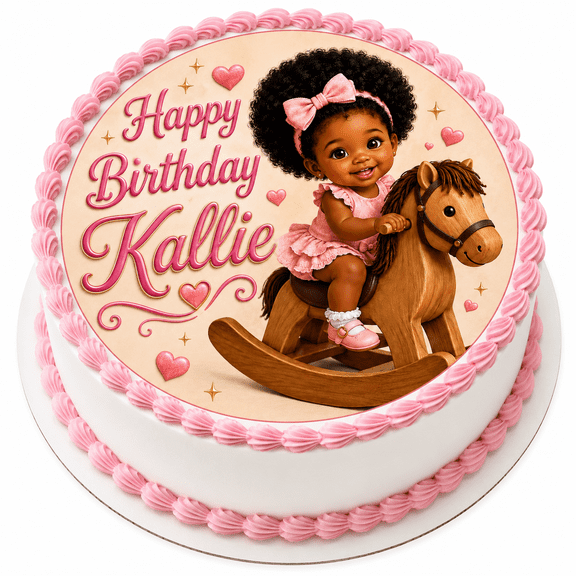 SugarMeLicious Afro Baby Girl Birthday Cake Topper, Rocking Horse Birthday Cake Decoration, Pink Baby Party Theme, Personalized 8 Inch Round Frosting Sheet
