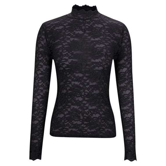 hlysgo Womens Lace Long Sleeve Tops Mesh Sheer Mock Neck Blouses Slim Fitted Fall Fashion Clothes Shirts Black,2xL