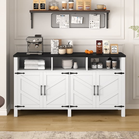 59" Buffet Cabinet with Power Outlet, Farmhouse Storage Sideboard with Open Shelves, Coffee Bar Cabinet with 4 Doors for Dining Room, White