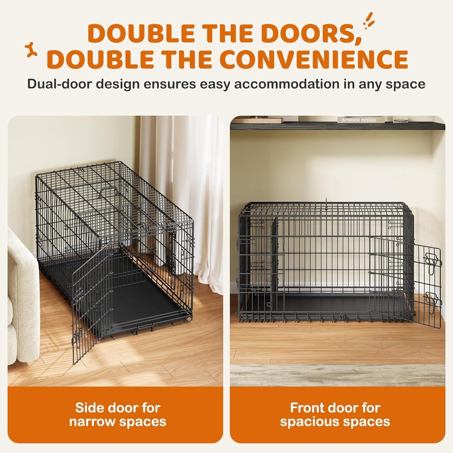 42 inch Double Door Dog Crate w/Divider for Puppy to Adult XL Collapsible Metal Crate with Removable Tray Wire Dog Kennel for Large Dogs Portable Travel Cage, Black