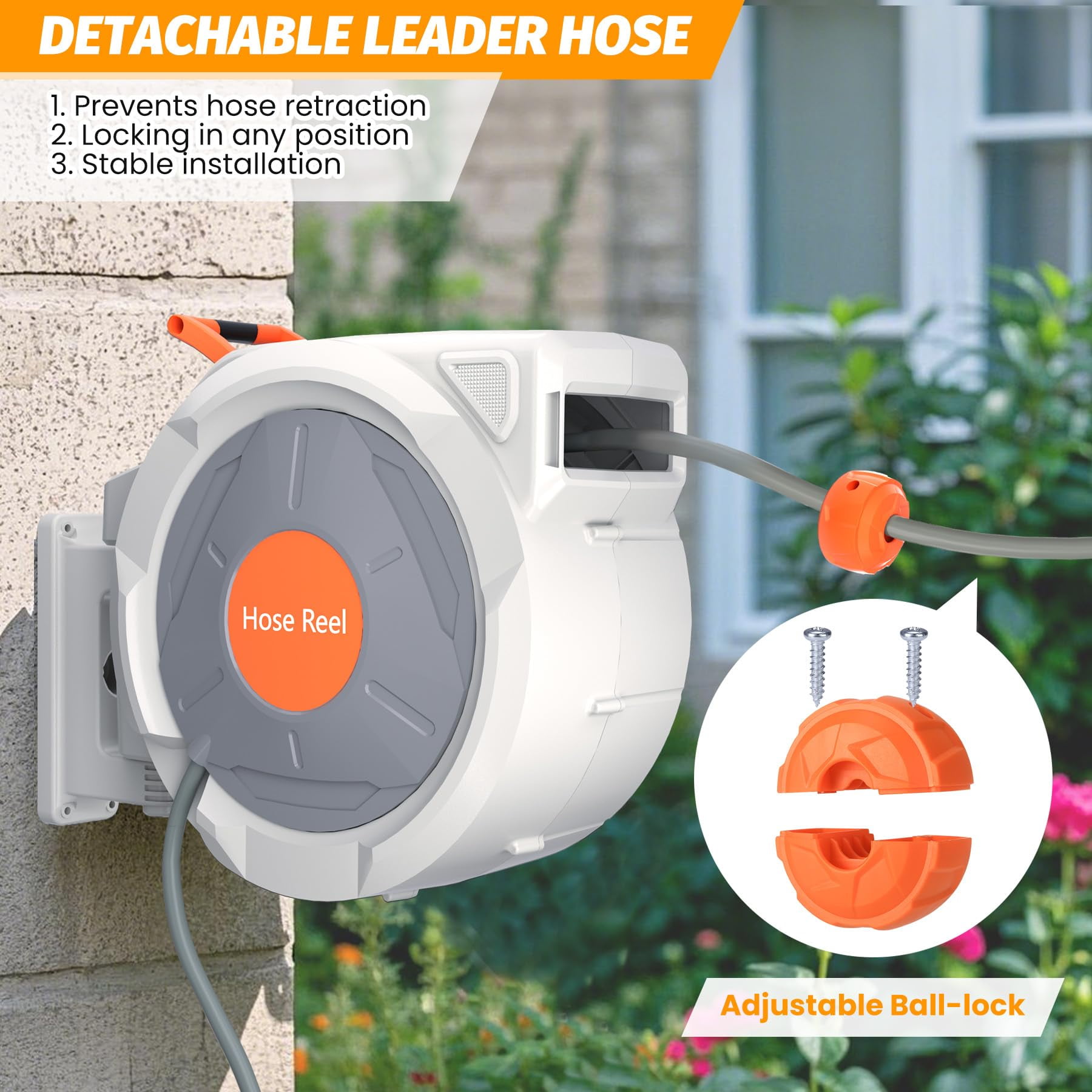Kojooin Wall Mounted Retractable Hose Reel – Automatic Rewind, Adjustable Length Lock, 180° Swivel Bracket, Slow Return System