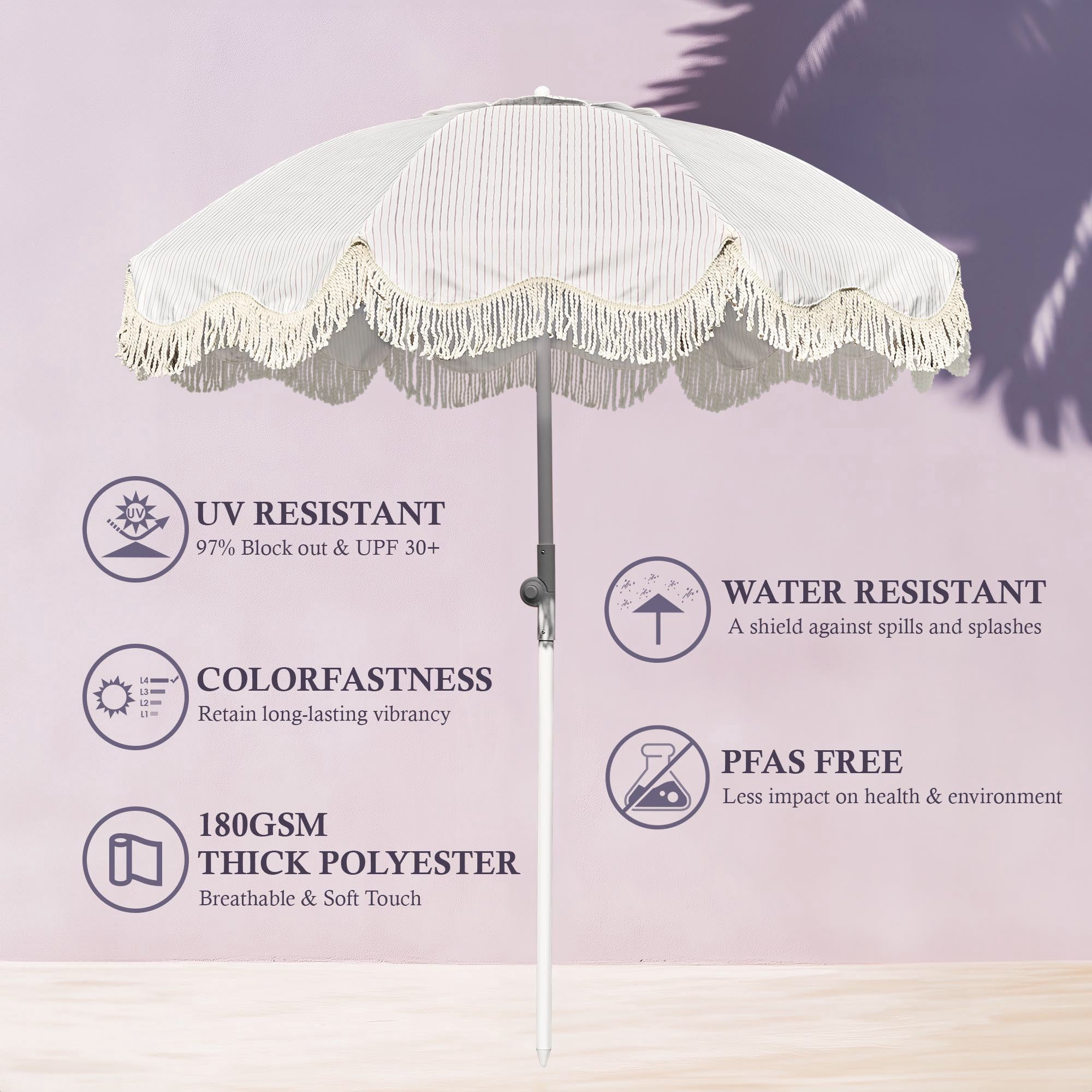 LAGarden 6Ft Fringe Patio Umbrella with Push Button Tilt Carry Bag UV30+ Outdoor Beach Yard Pool Party Deck Purple Stripe