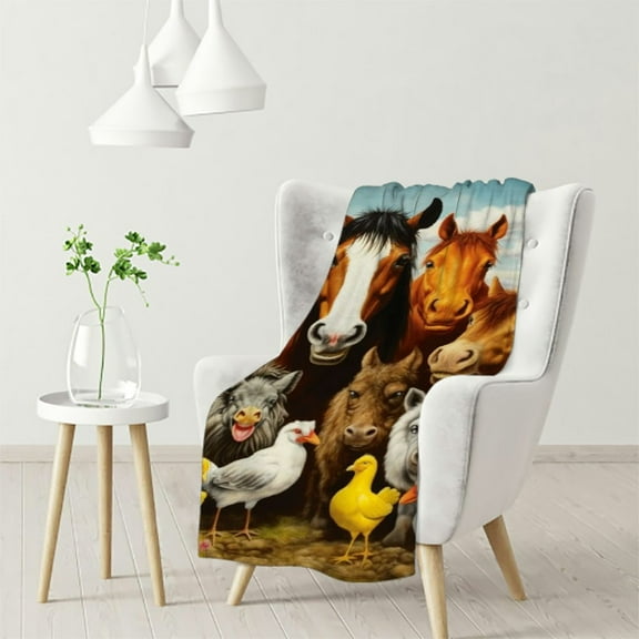 ARISTURING  Cartoon Selfie Farm Animals Blanket for Bed, Queen Size Animal Farm Throw Blanket for Women, Men and Kids - Super Soft Plush Horse Throw Blanket -