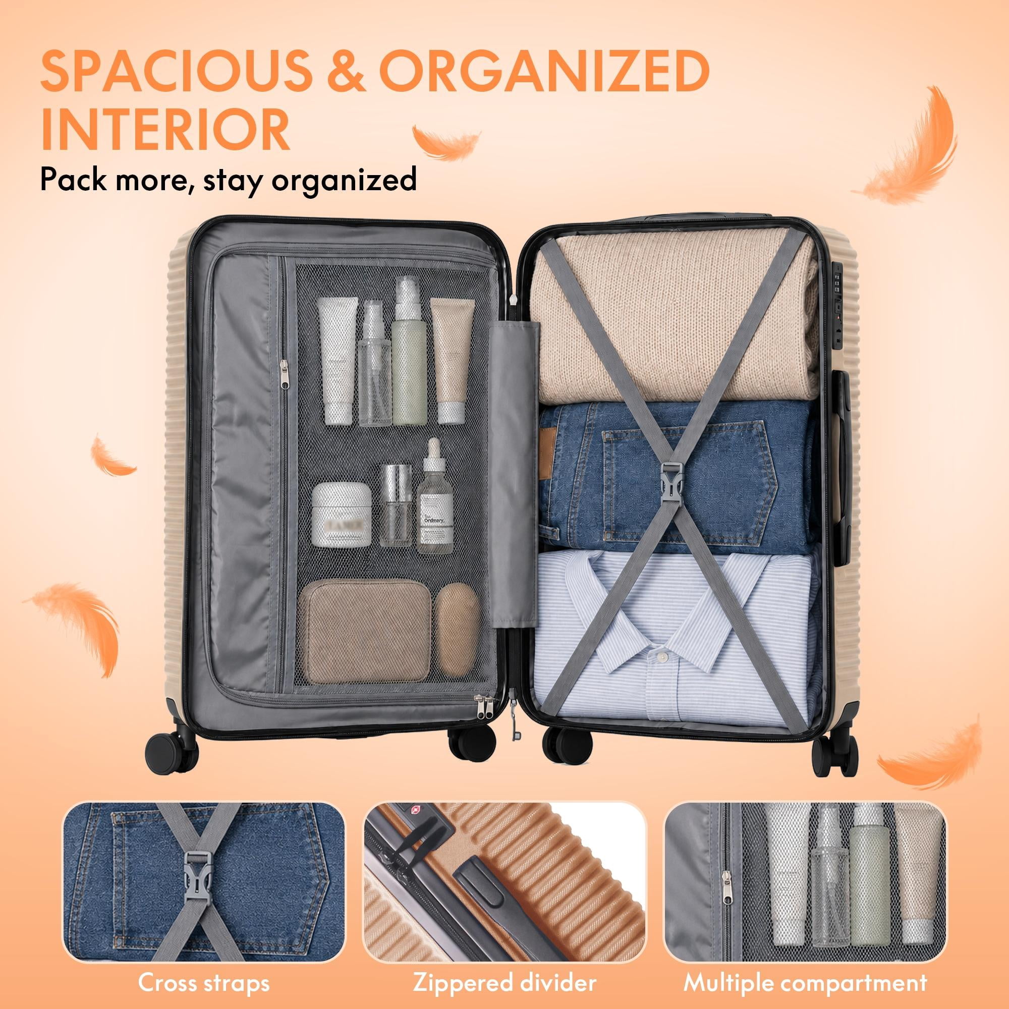 3-Piece ABS Hardshell Luggage Set, Lightweight Scratch-Resistant Suitcases with Silent Spinner Wheels & TSA Lock, Champagne