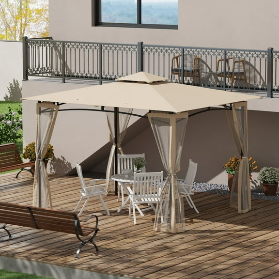 Outsunny 10' x 12' Patio Gazebo, 2-Tier Roof with Netting, Beige