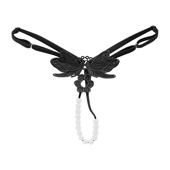 Charmgo Thongs for Women Clearance, Womens Transparent Hot Embroidered Pearl Massage T Pants Open Crotch Thong Panties Womens Underwear, G String Thongs for Women Black
