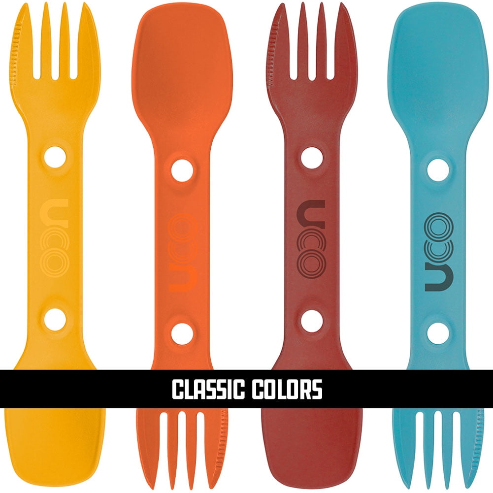 UCO Utility Spork 4 Pack with Tether Classic Colours Lt Blue Black Grey Brown 