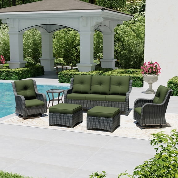 Joyside 6 Piece Wicker Patio Set with 3-Seat Sofa, 2 Swivel Rocker Chairs, 2 Ottomans & Side Table, Outdoor Furniture Sectional Conversation Set for Deck Porch, Green